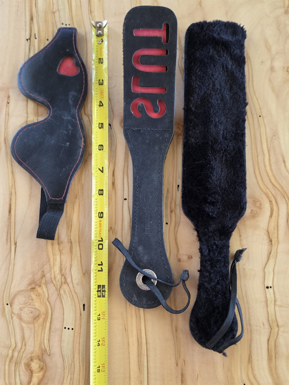 Black Leather and Faux Fur Paddle Set BDSM Costume Adult Play Vintage Set/3